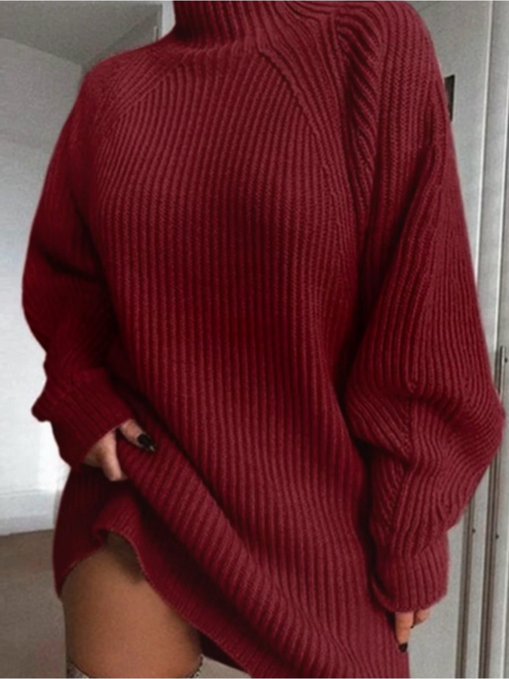 Oversized Red Ribbed Turtleneck Sweater Dress